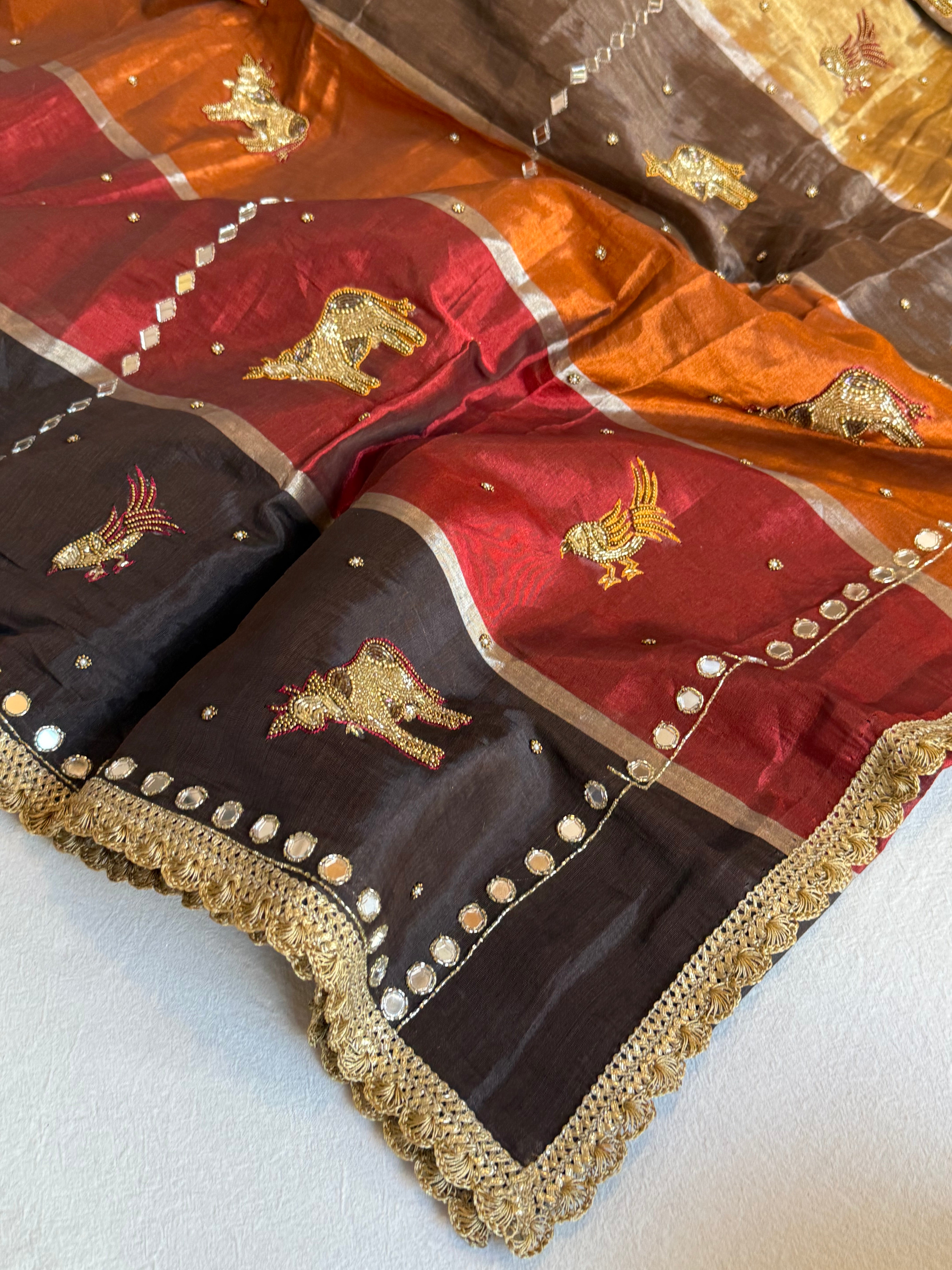 Satin tissue silk multicoloured weaving hand embroidered kadhwa banarasi saree